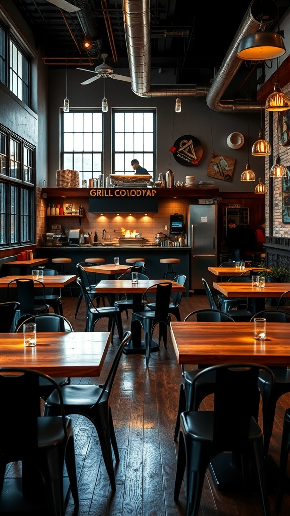 Charming Grill Restaurant Interior Design Interior of a grill restaurant with wooden tables, metal chairs, open kitchen, and cozy lighting.